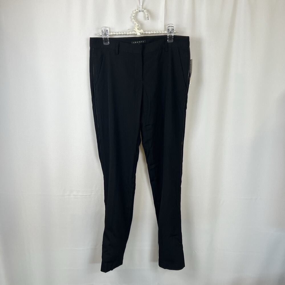 Theory Tassa Slim Trouser Pant Size 4 Black Side Zipper Detail Wool Blend NWT